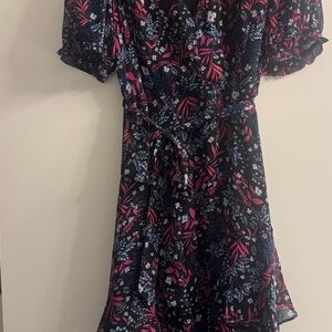 Midi Wrap Dress in Navy with Pink & Light Blue Floral Print